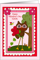 Valentine’s Day, custom name, cute owl with hearts, frame, flowers card