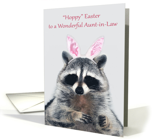 Easter to Aunt-in-Law, a cute raccoon with bunny ears on gray card