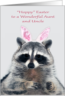 Easter to Aunt and Uncle, a cute raccoon with bunny ears on gray card