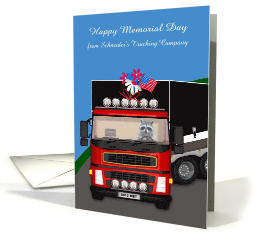 Memorial Day to Truck Driver, business custom name, raccoon, semi card