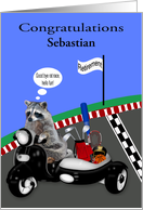 Congratulations on Retirement Custom Name with a Raccoon on Scooter card