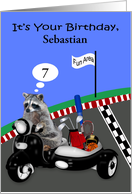 Birthday, for kids, custom name and age, raccoon driving a scooter card