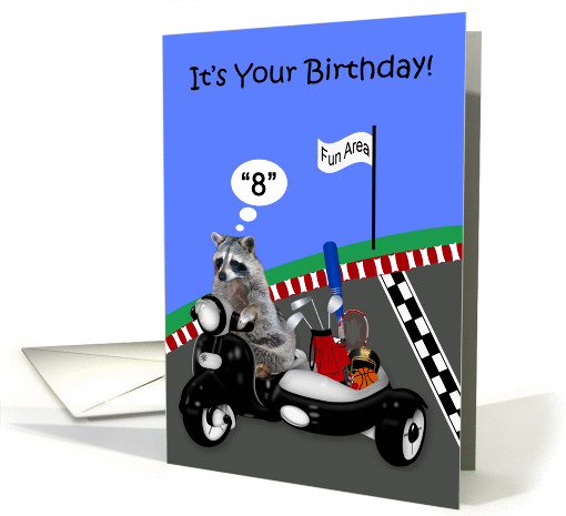 8th Birthday, humor, adorable raccoon driving a scooter, side car card