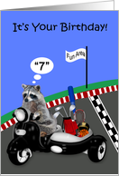 7th Birthday, humor, adorable raccoon driving a scooter, side car card