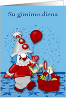 Birthday in Lithuaian with a Cute Clown and a Box of Colorful Balloons card