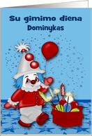 Birthday in Lithuaian Custom Name with a Clown and a Box of Balloons card