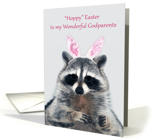 Easter to Godparents, adorable raccoon wearing bunny ears on gray card