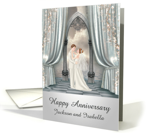 Wedding Anniversary, custom name, Bride and groom with ocean view card