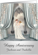 Wedding Anniversary, custom name, Bride and groom with ocean view card