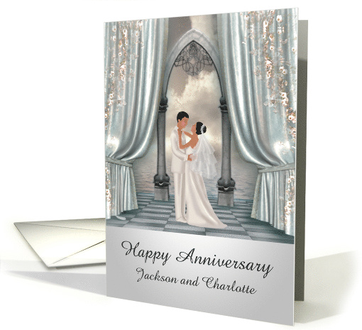 Wedding Anniversary, custom name, dark-skinned Bride and groom card