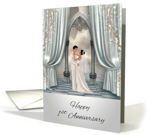 1st Wedding Anniversary, dark-skinned Bride and groom, ocean view card