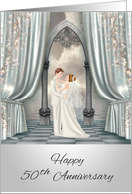 50th Wedding Anniversary with a Bride and Groom and an Ocean View card