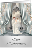 1st Wedding Anniversary with a Bride and Groom In Front of Oceanview card