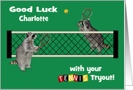 Good Luck, Tryouts, Tennis, custom name, cute raccoons playing tennis card