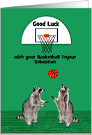 Good Luck, Tryouts, Basketball, custom name, raccoons playing ball card