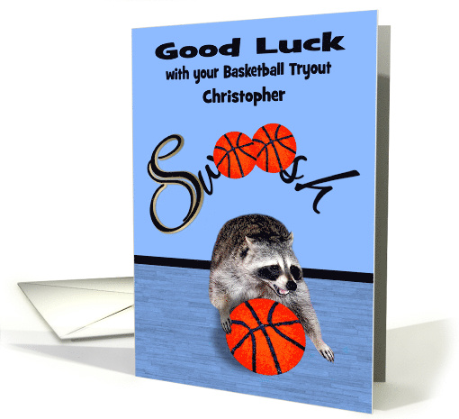Good Luck, Tryouts, Basketball, custom name, raccoon playing ball card