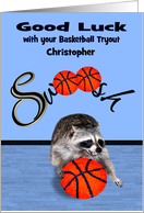 Good Luck, Tryouts, Basketball, custom name, raccoon playing ball card