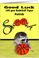 Good Luck, Tryouts, Basketball, custom name, raccoon playing ball card