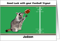 Good Luck, Tryouts, Football, custom name, raccoon playing ball card