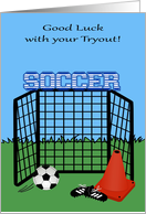 Good Luck, Tryouts, Soccer, general, net with cone, ball, shoes, blue card