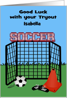 Good Luck, Tryouts, Soccer, custom name, net with cone, ball, red card