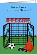 Good Luck with Soccer Tryouts with a Black Net and Equipment card