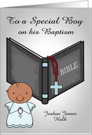 Congratulations, Baptism to dark-skinned baby boy, custom name card