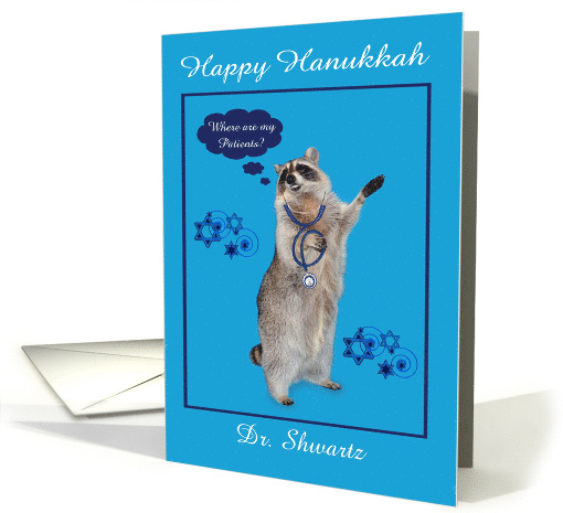 Hanukkah to Doctor, custom name, raccoon holding a stethoscope card