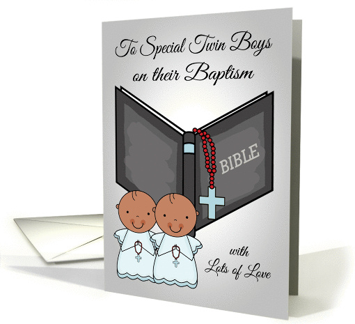 Congratulations, Baptism to dark-skinned baby boys, twins, blue card