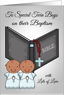 Congratulations, Baptism to dark-skinned baby boys, twins, blue card