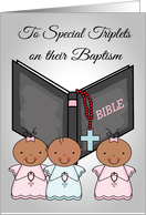 Congratulations, Baptism, dark-skinned triplets, 2 girls and 1 boy card