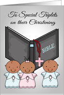 Congratulations, Christening, dark-skinned triplets, 2 boys and 1 girl card