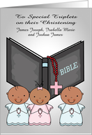Congratulations, Christening, dark-skinned triplets, 2 boys and 1 girl custom name card