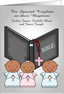 Congratulations, Baptism, dark-skinned triplets, 2 boys and 1 girl custom name card