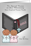 Congratulations, Christening, dark-skinned twins, custom name boy and girl card