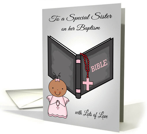 Congratulations, Sister for Baptism, dark-skinned girl on pink card