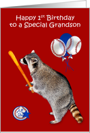 1st Birthday to Grandson, adorable raccoon holding a baseball bat card
