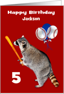 Birthday Custom Name and Age Adorable Raccoon Holding Baseball Bat card