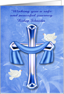 Safe Trip, custom name, religious, beautiful cross with white doves card