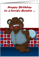 Birthday, bowling theme, humor, an adorable bear holding a ball card