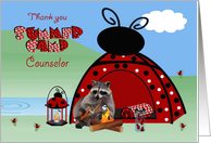 Thank you, Summer Camp Counselor, raccoon toasting marshmallow card