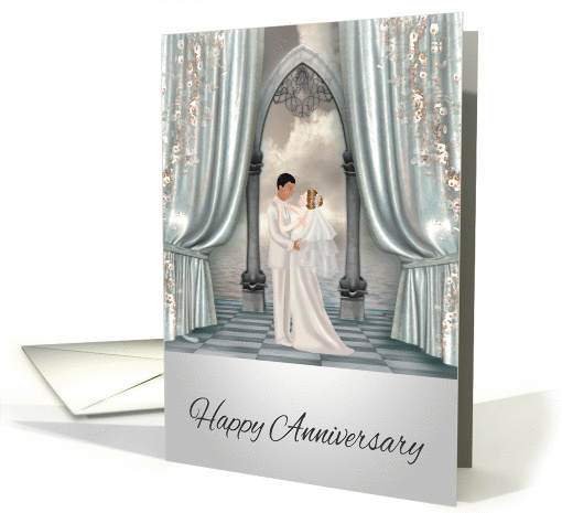Wedding Anniversary, dark-skinned groom and light-skinned bride card