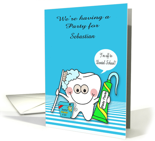 Invitations, off to dental school party, custom name, happy tooth card