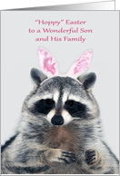 Easter to Son and Family, an adorable raccoon wearing bunny ears card