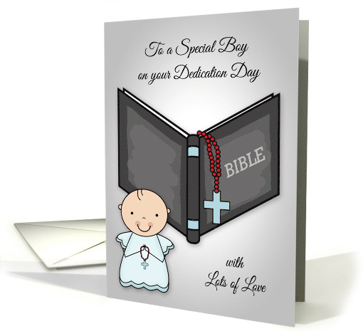 Congratulations on Dedication Day to Boy with a Baby and a Bible card