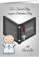 Congratulations on Dedication Day to Boy with a Baby and a Bible card
