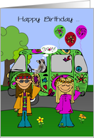 Birthday Card with Hippies and a Raccoon Driving a Psychedelic Van card