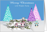 Christmas, for custom name, adorable penguins with trees, ice, snow card