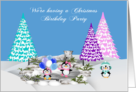 Invitations, Christmas Birthday Party, general, penguins on ice, snow card