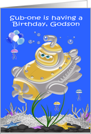 Birthday to Godson, submarine in the ocean with jellyfish, balloons card